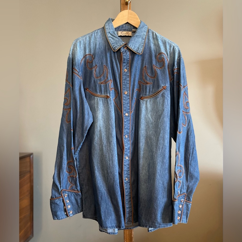 Vintage Scully Embroidered Snap Button Blue Denim Western Shirt Men’s Size Large